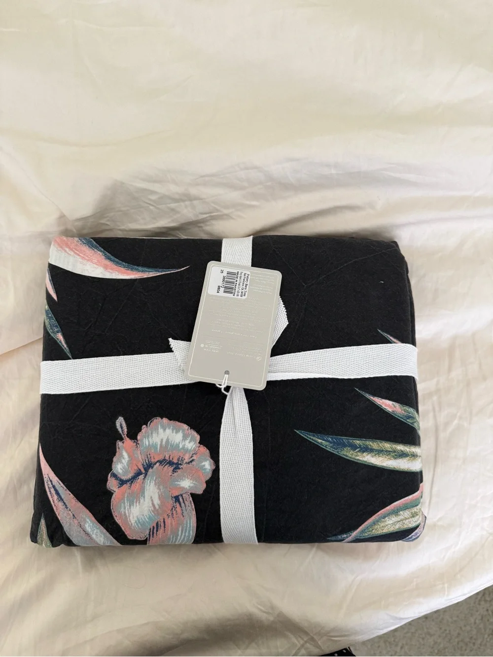Pottery Barn Black Comforter with Pink Floral & Green Leaf Print